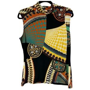 Papillon Blanc Green and Yellow Graphic Sleeveless Blouse Size XL